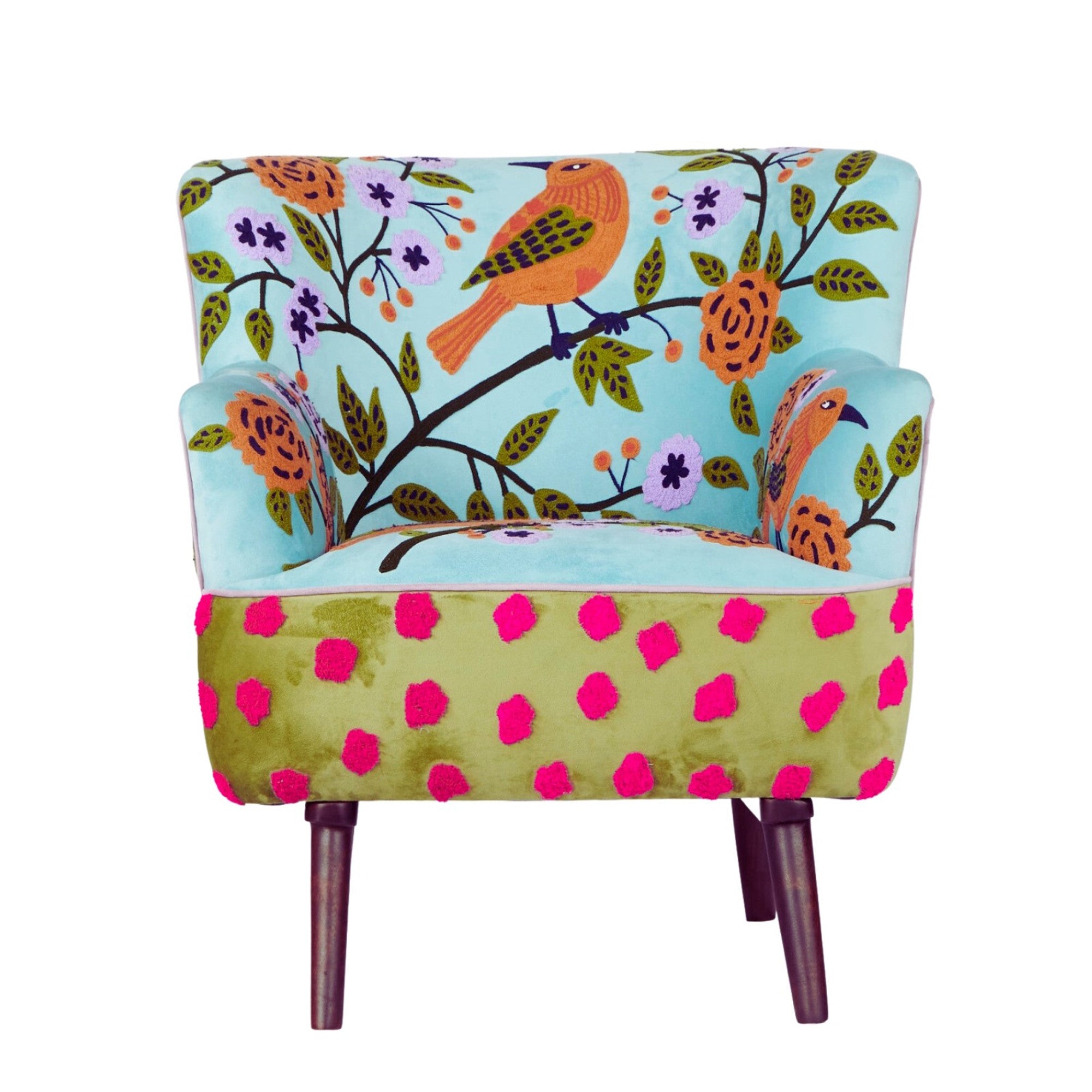 32" Blue Green Orange and Pink Fabric and Solid Wood Floral Arm Chair-1