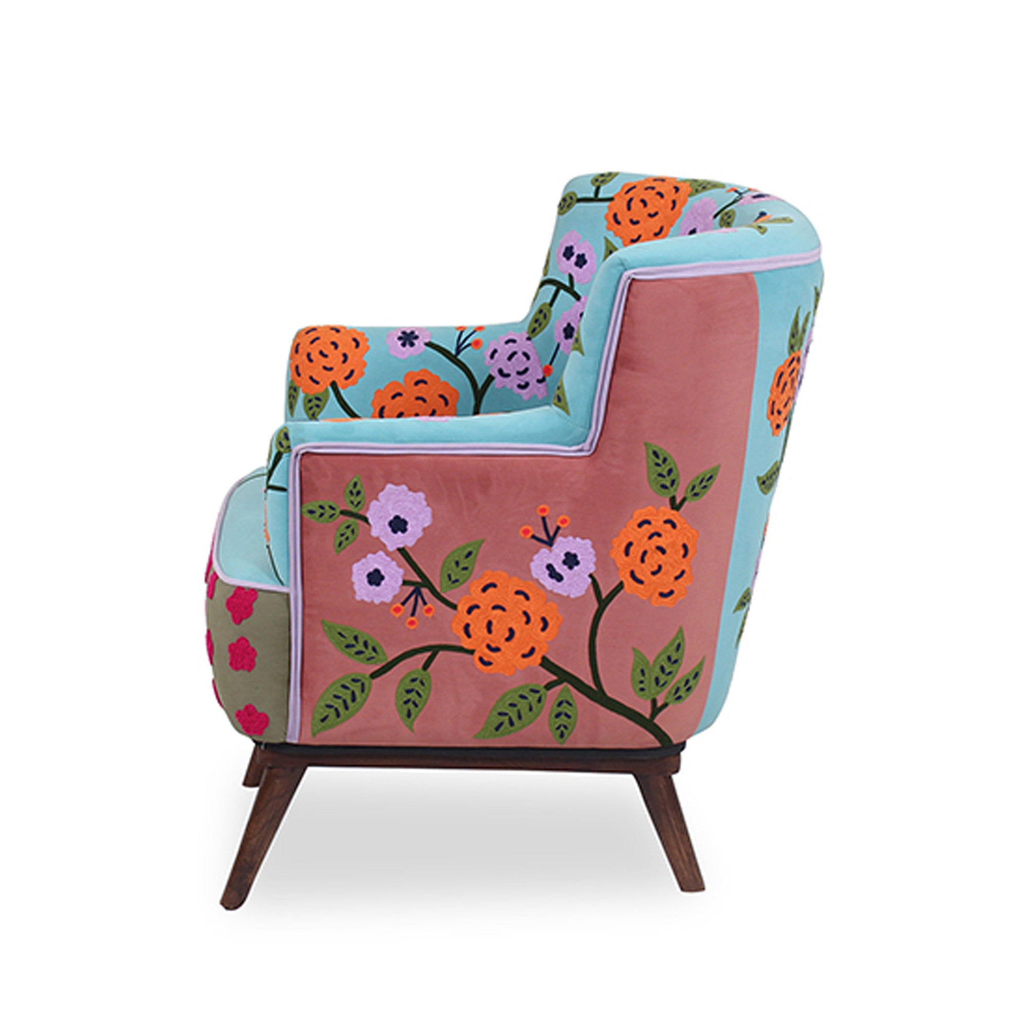 32" Blue Green Orange and Pink Fabric and Solid Wood Floral Arm Chair-2