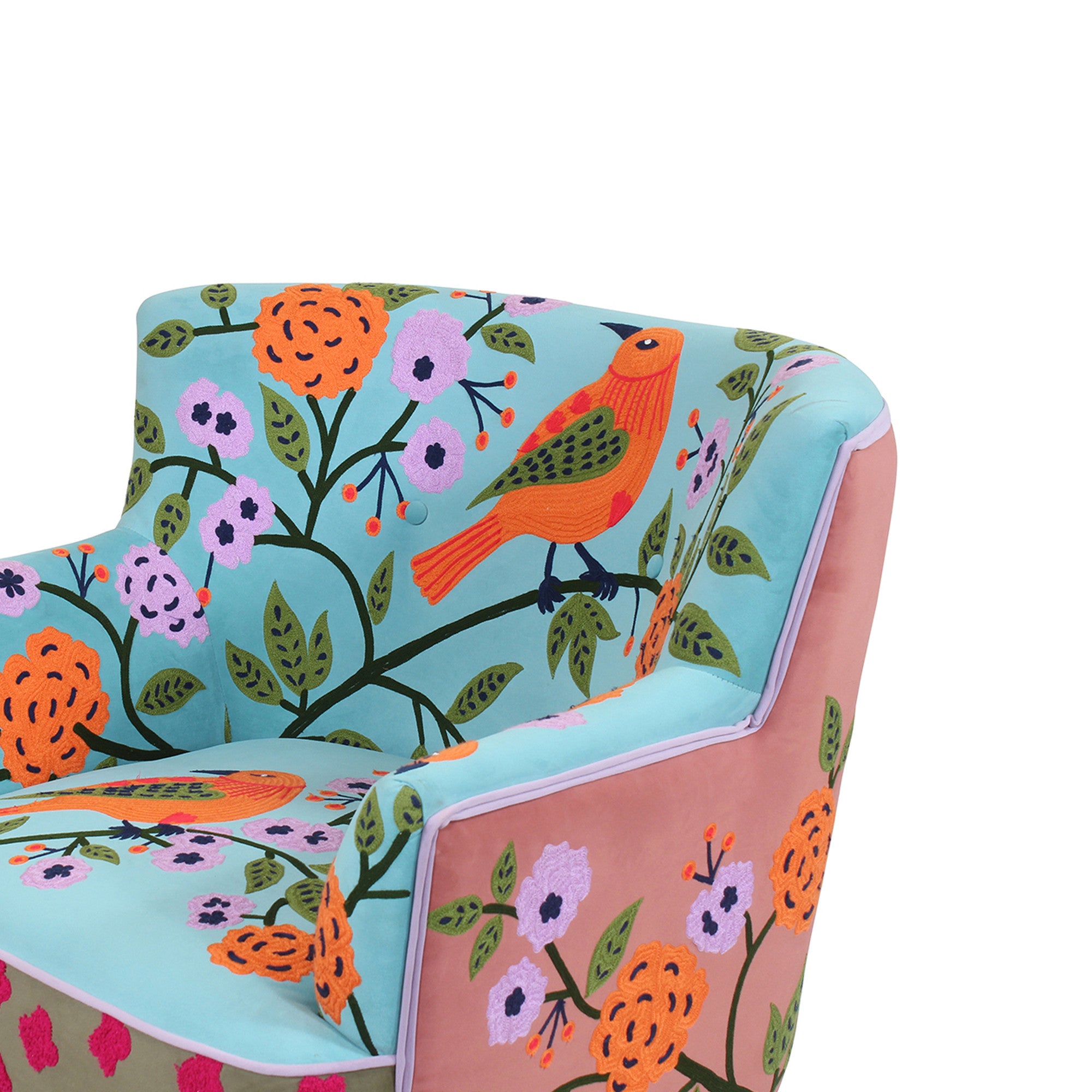 32" Blue Green Orange and Pink Fabric and Solid Wood Floral Arm Chair-6