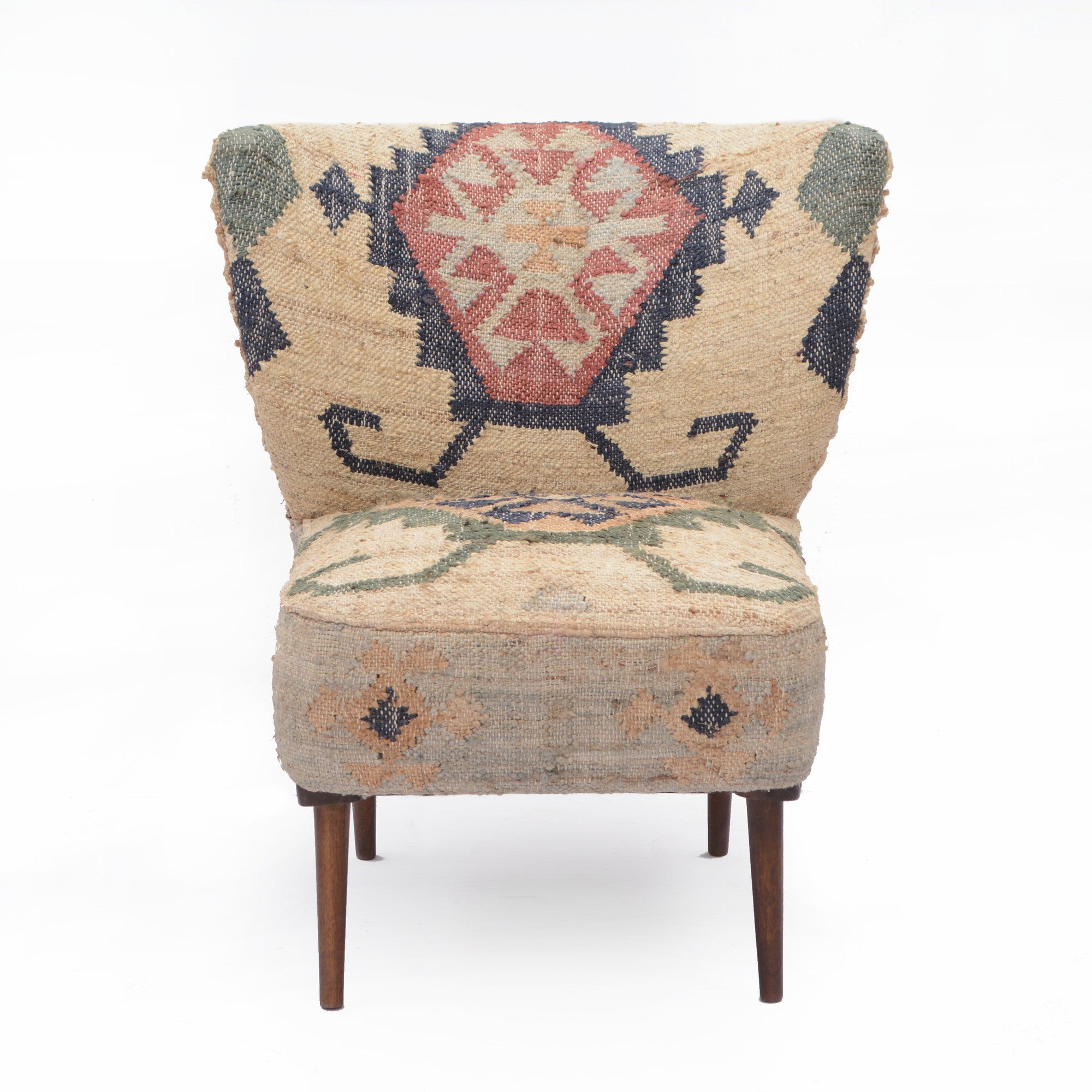 26" Beige Blue and Red  Jute Southwestern Wingback Chair-1