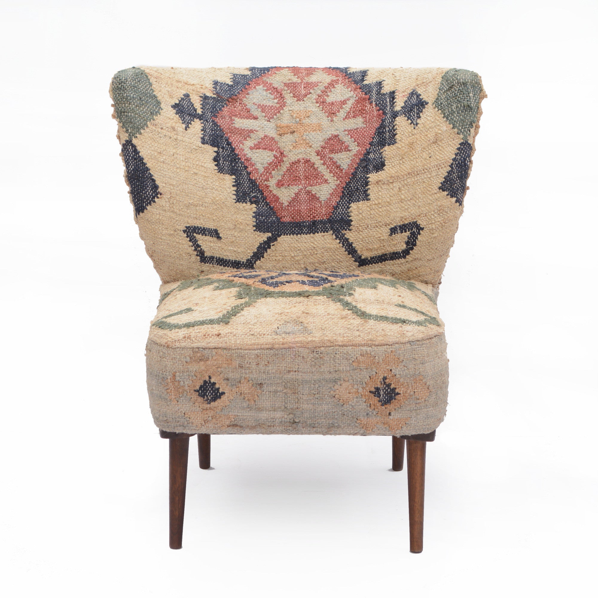 26" Beige Blue and Red  Jute Southwestern Wingback Chair-3