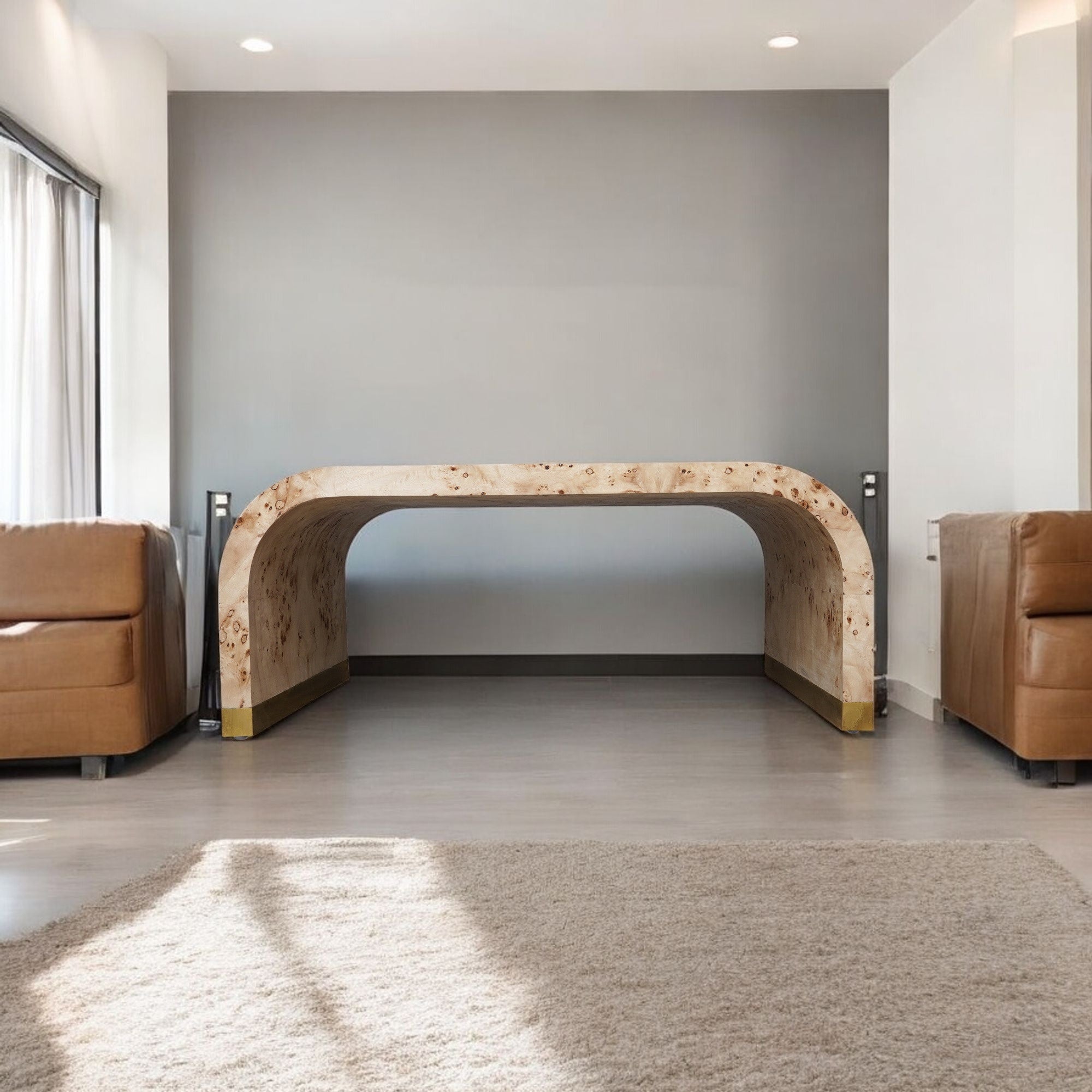 24" Natural And Brass Wood And Brass Oval Coffee Table-1