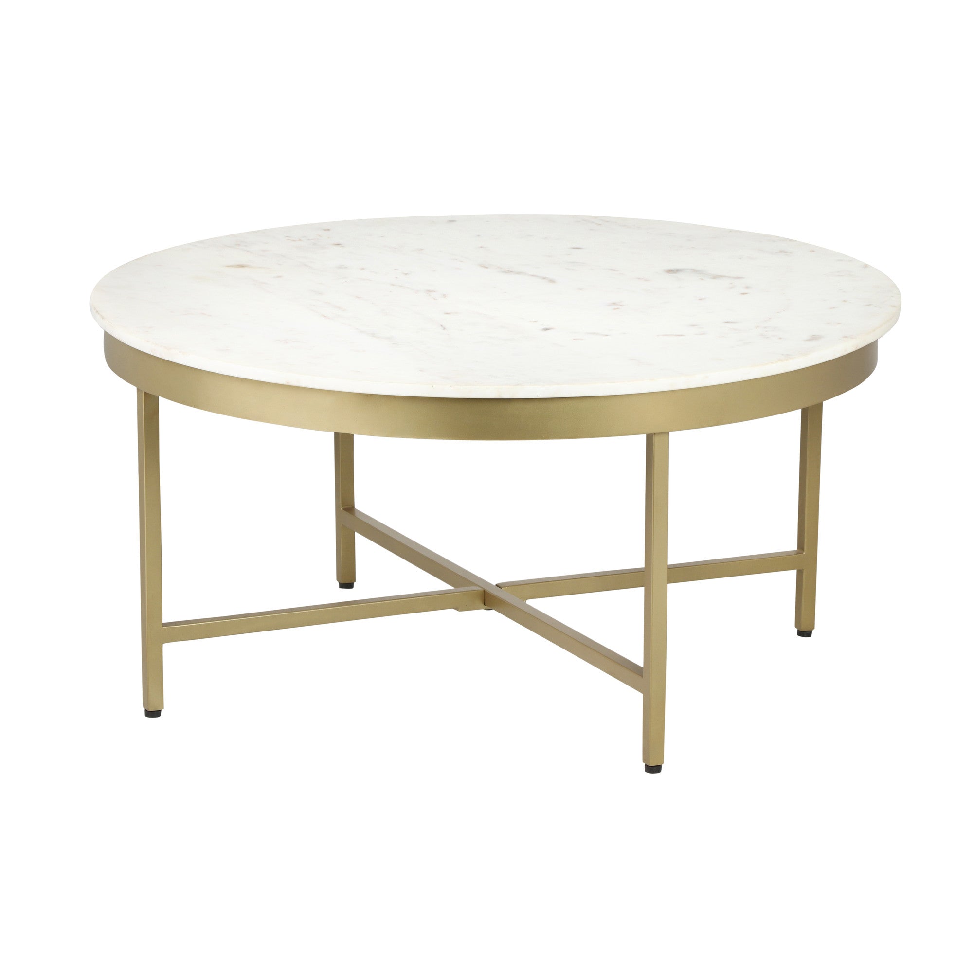 36" White And Gold Genuine Marble And Steel Round Coffee Table-2