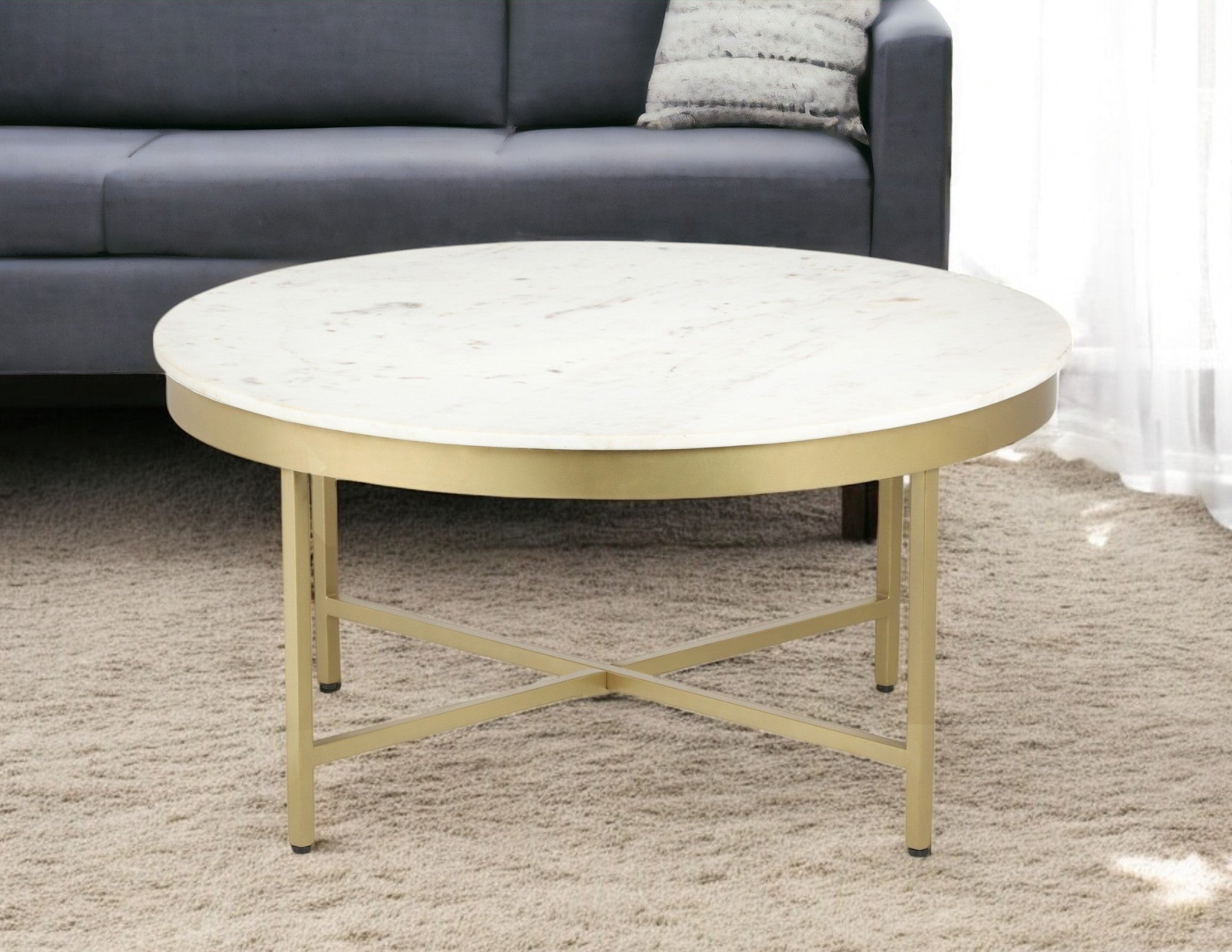 36" White And Gold Genuine Marble And Steel Round Coffee Table-0