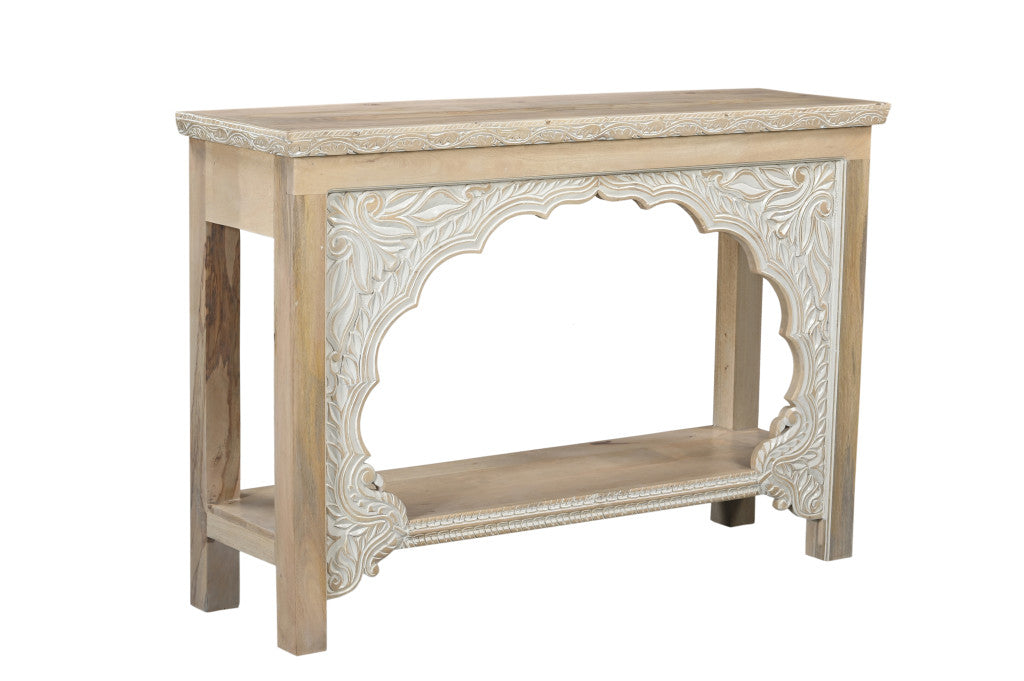 56" Natural Solid Wood Distressed Console Table With Shelf-2
