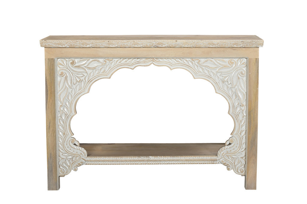 56" Natural Solid Wood Distressed Console Table With Shelf-4