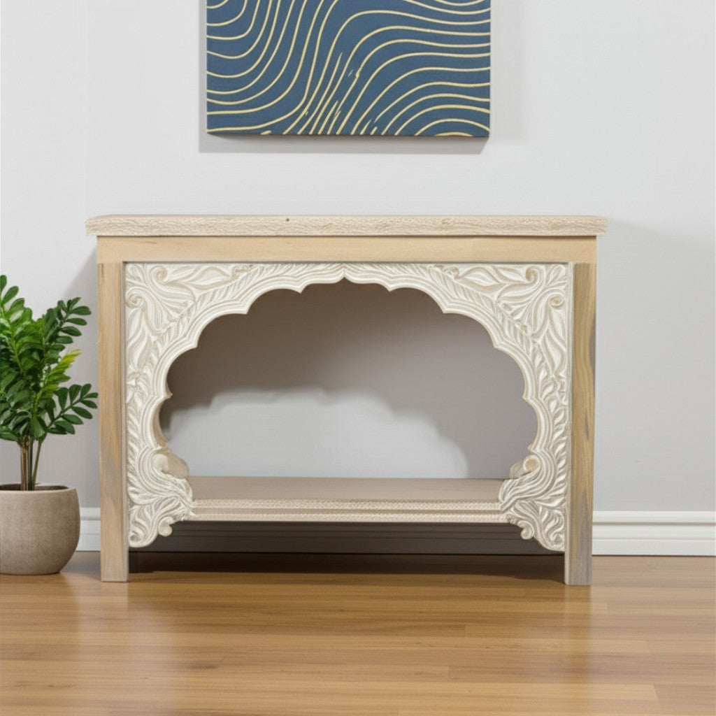 56" Natural Solid Wood Distressed Console Table With Shelf-1
