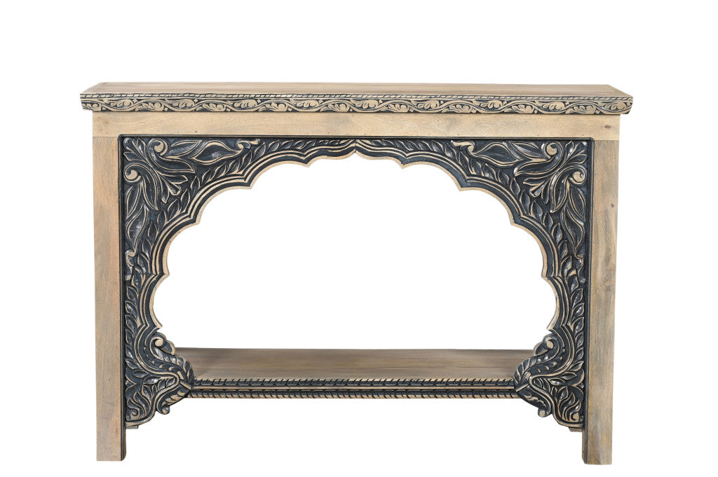56" Natural and Black Solid Wood Distressed Console Table With Shelf-0