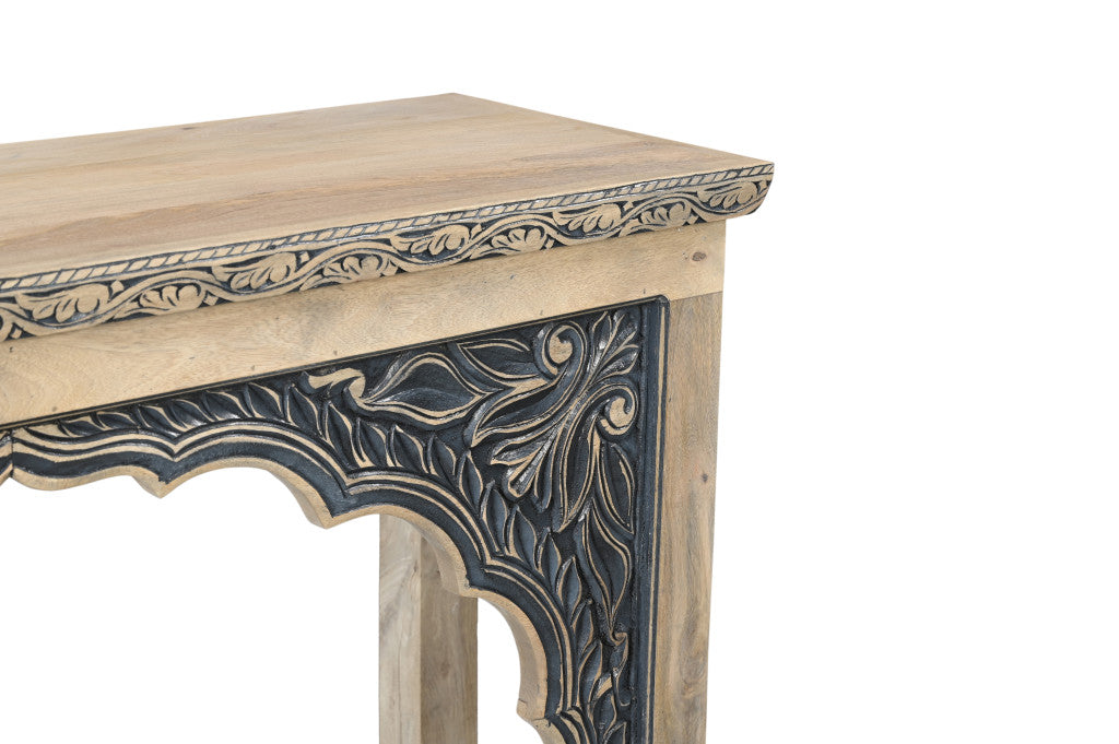 56" Natural and Black Solid Wood Distressed Console Table With Shelf-7