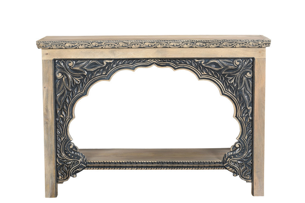 56" Natural and Black Solid Wood Distressed Console Table With Shelf-4