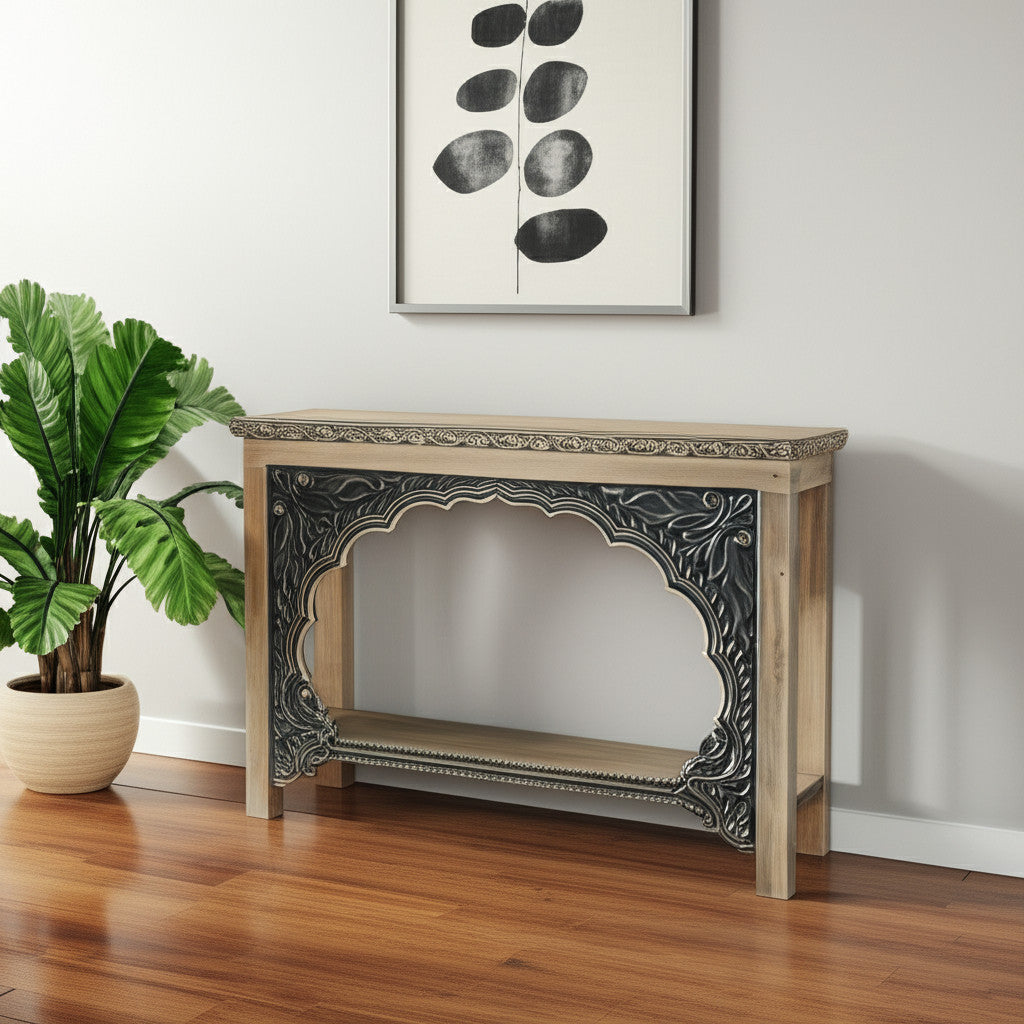 56" Natural and Black Solid Wood Distressed Console Table With Shelf-1