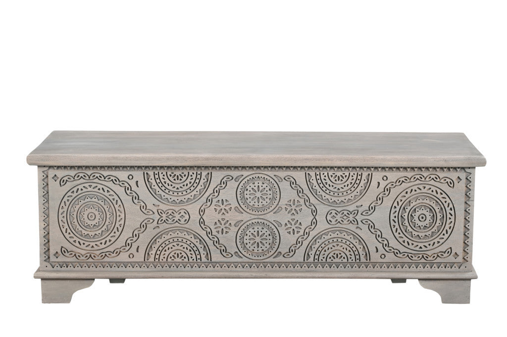 54" Gray Carved Geo Scroll Solid Wood Storage Ottoman-5