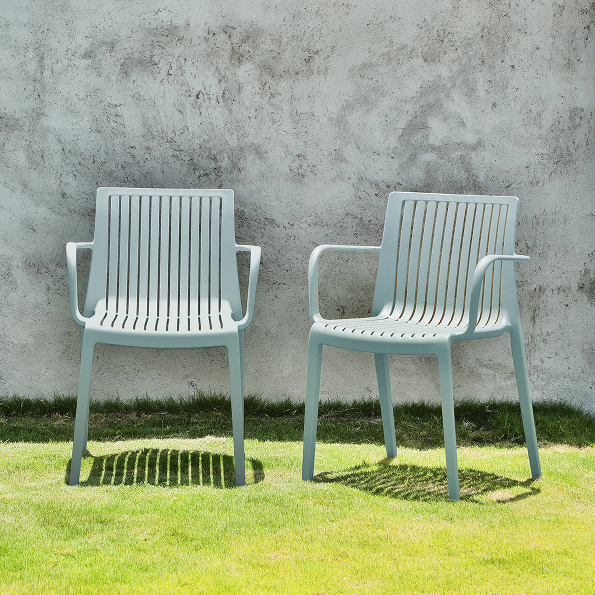 Set of Two Baby Blue Heavy Duty Plastic Outdoor Stacking Arm Chairs-5
