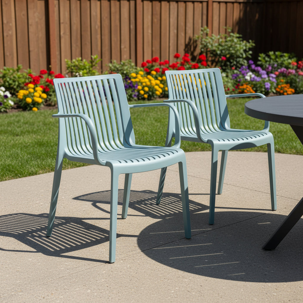 Set of Two Baby Blue Heavy Duty Plastic Outdoor Stacking Arm Chairs-0