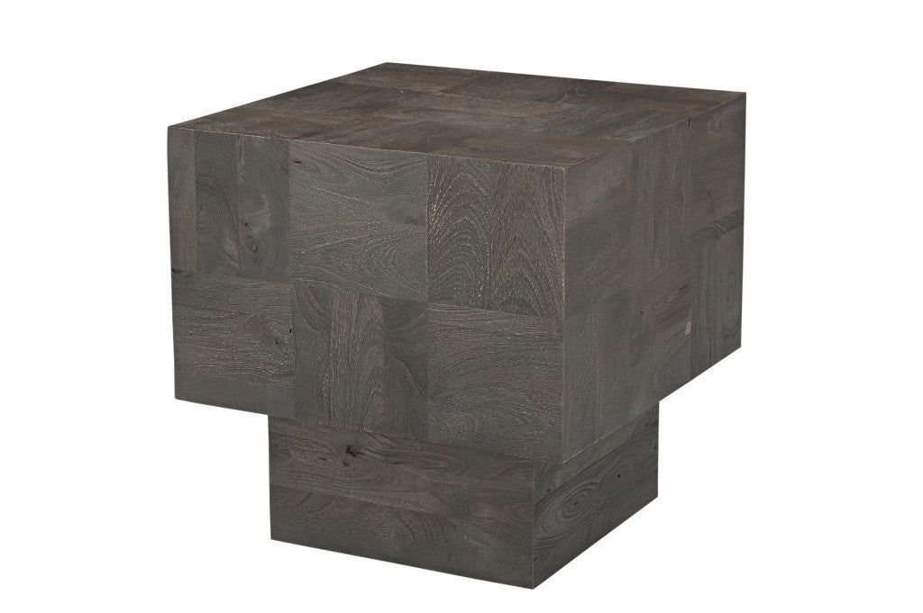 22" Gray Distressed Solid Wood Square Block End Table-6
