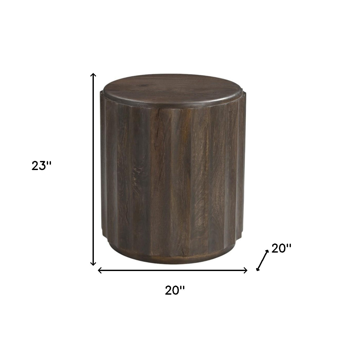 23" Brown Distressed Solid Wood Round Scalloped Drum End Table-8