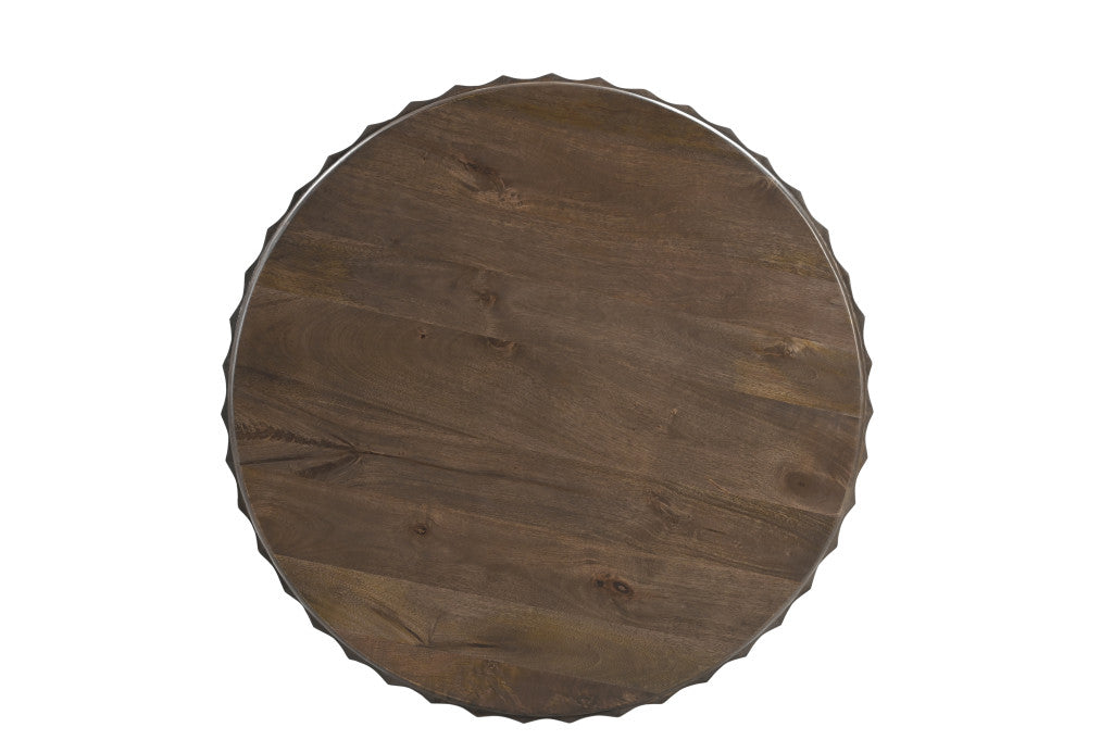 23" Brown Distressed Solid Wood Round Scalloped Drum End Table-4