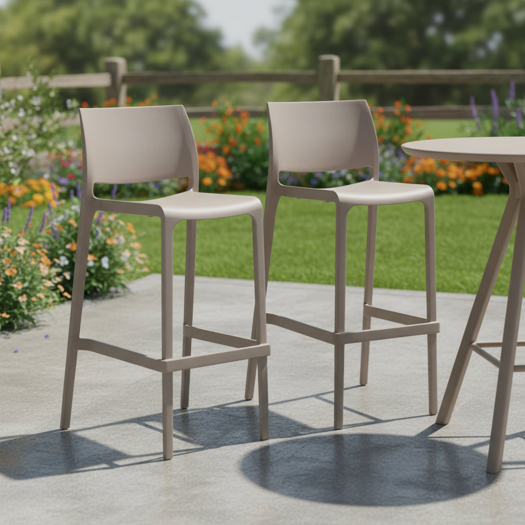 Set of Two 30" Taupe Heavy Duty Plastic Low Back Outdoor Bar Height Chairs-0