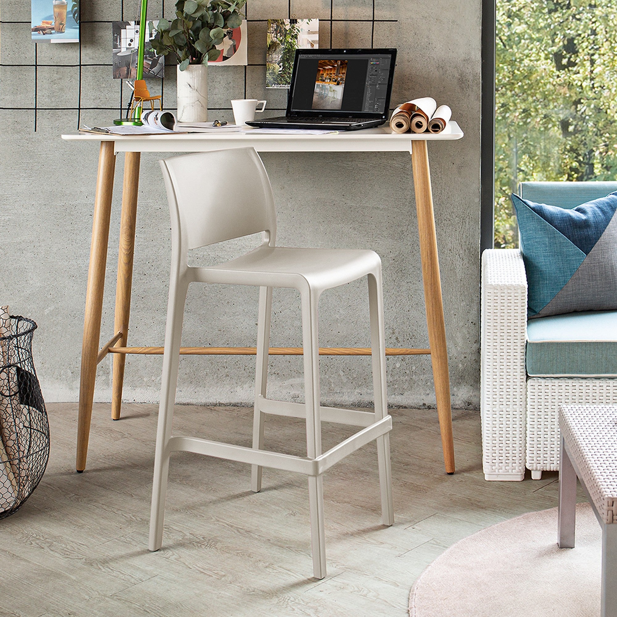 Set of Two 30" Taupe Heavy Duty Plastic Low Back Outdoor Bar Height Chairs-8