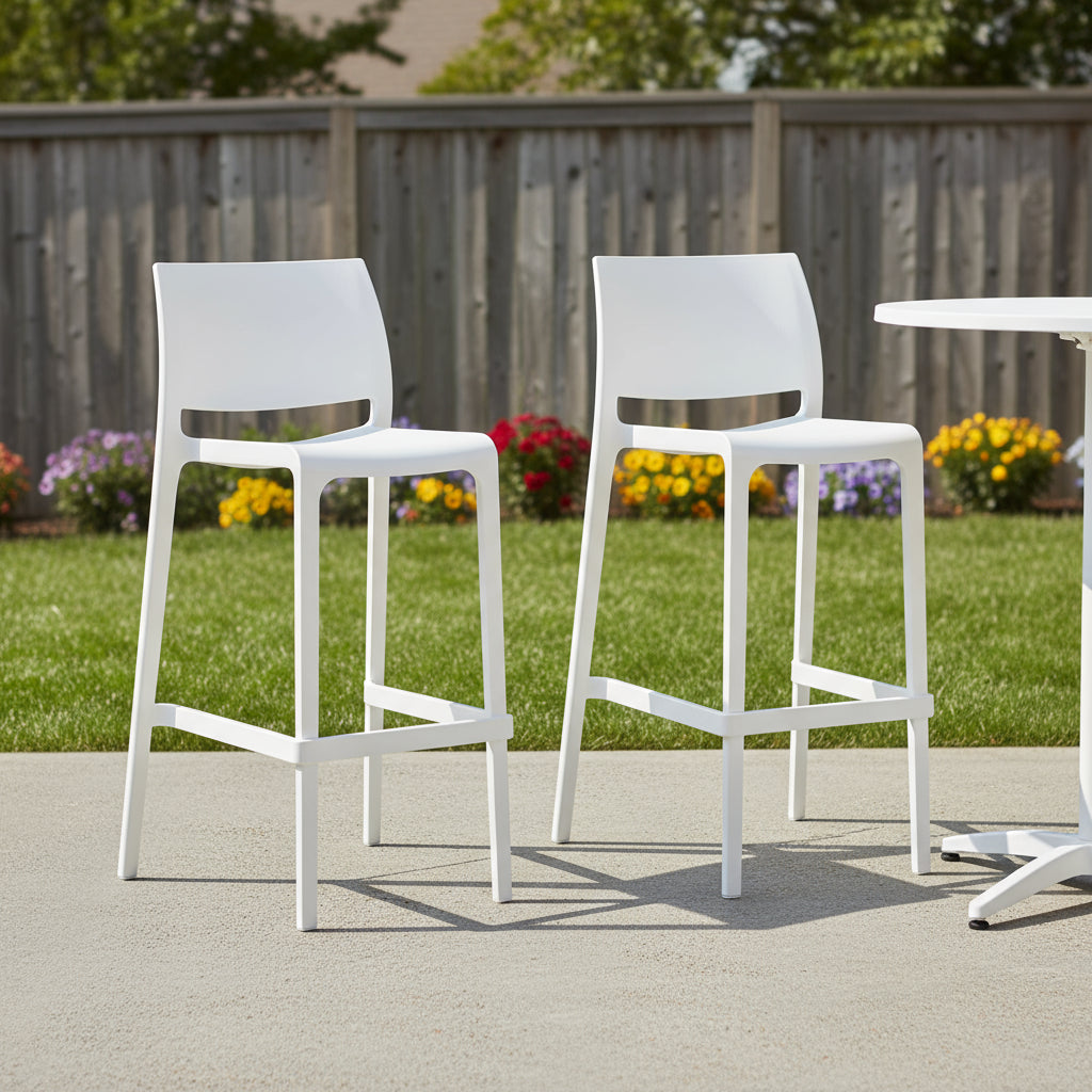 Set of Two 30" White Heavy Duty Plastic Low Back Outdoor Bar Height Chairs-0