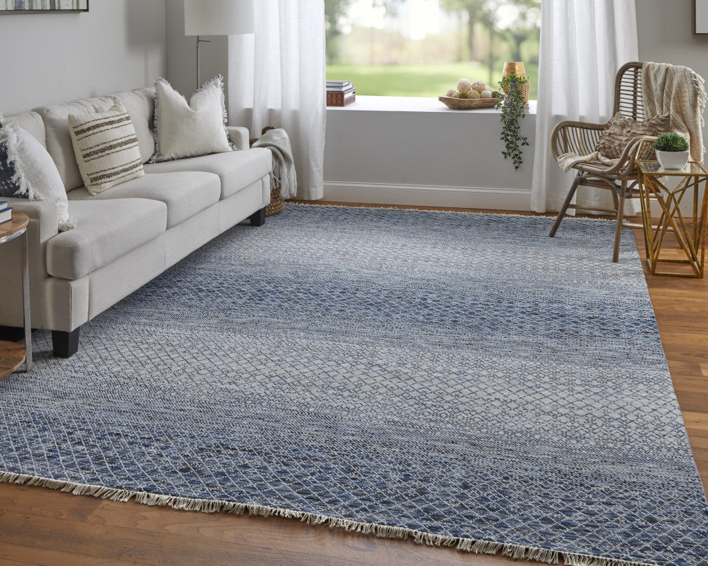 2' X 3' Ivory Gray and Blue Wool Hand Knotted Area Rug With Fringe-4
