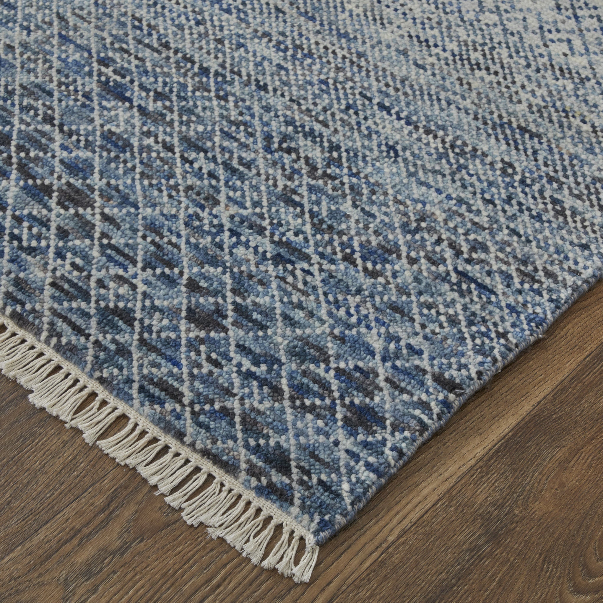 2' X 3' Ivory Gray and Blue Wool Hand Knotted Area Rug With Fringe-7