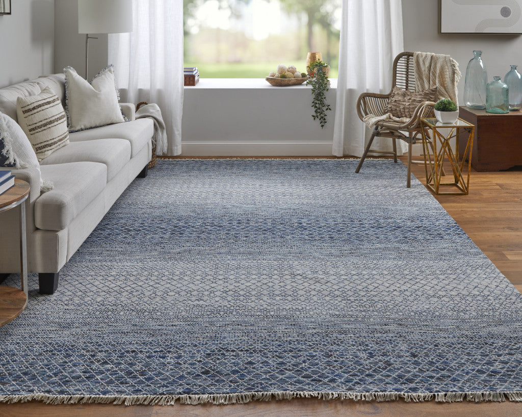 2' X 3' Ivory Gray and Blue Wool Hand Knotted Area Rug With Fringe-5