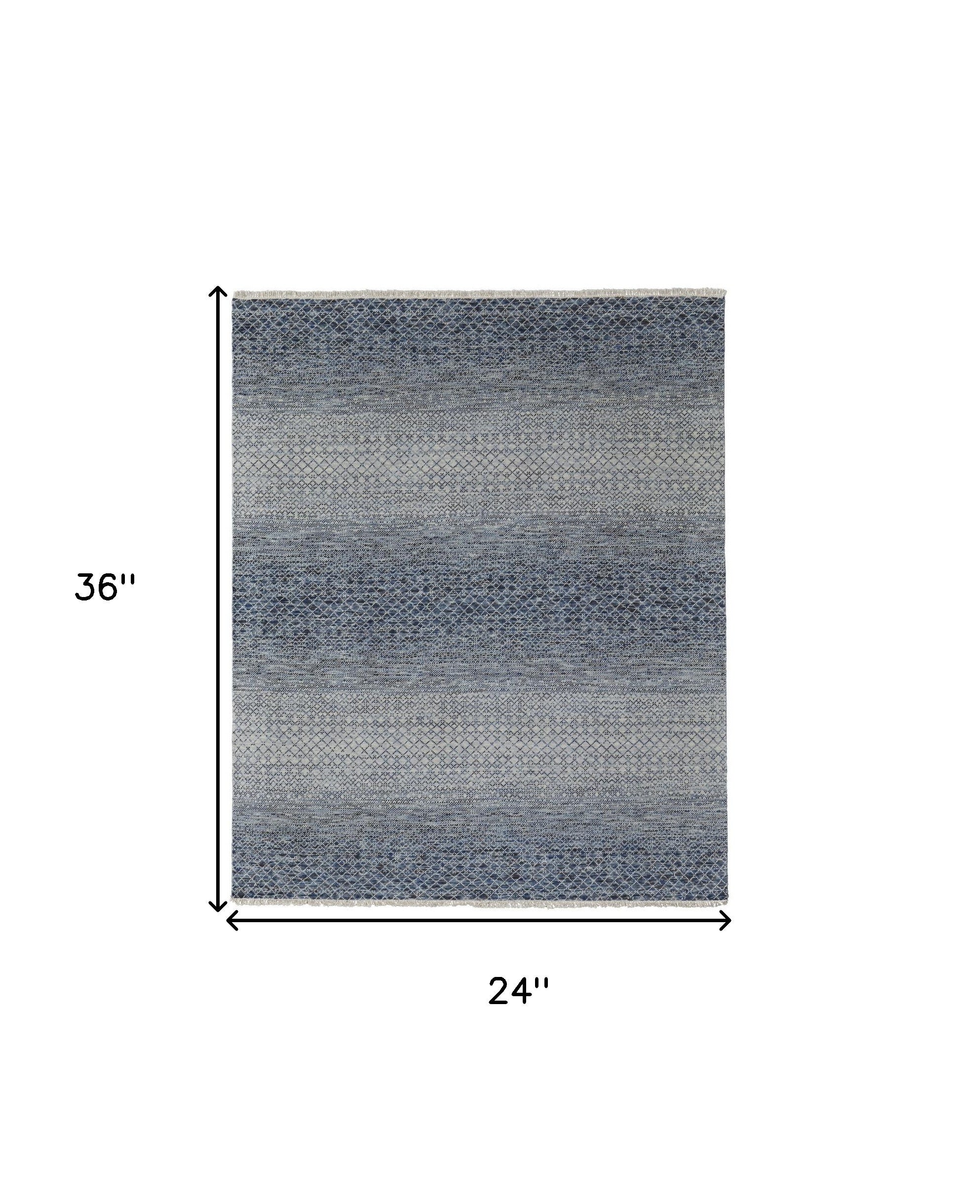 2' X 3' Ivory Gray and Blue Wool Hand Knotted Area Rug With Fringe-2