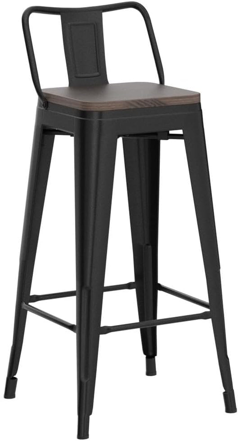 30" Metal Barstools Set of 4 Bar Height Bar Stools with Wooden Top Low Back Industrial Bar Stools Metal Stool for Indoor-Outdoor Counter Stools with Wooden Seat Matte Black-3