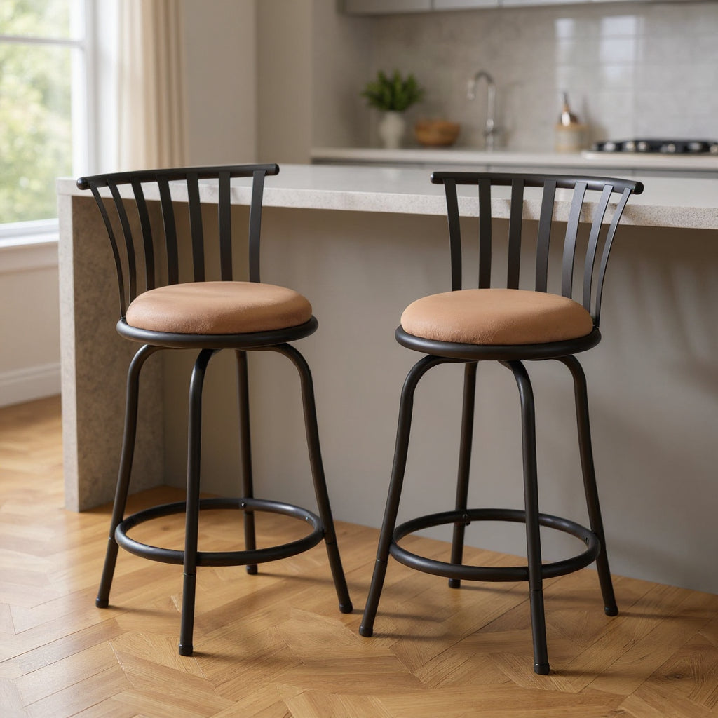 Set of Two 24" Brown and Black Microfiber and Metal Low Back Counter Height Swivel Bar Chairs-0