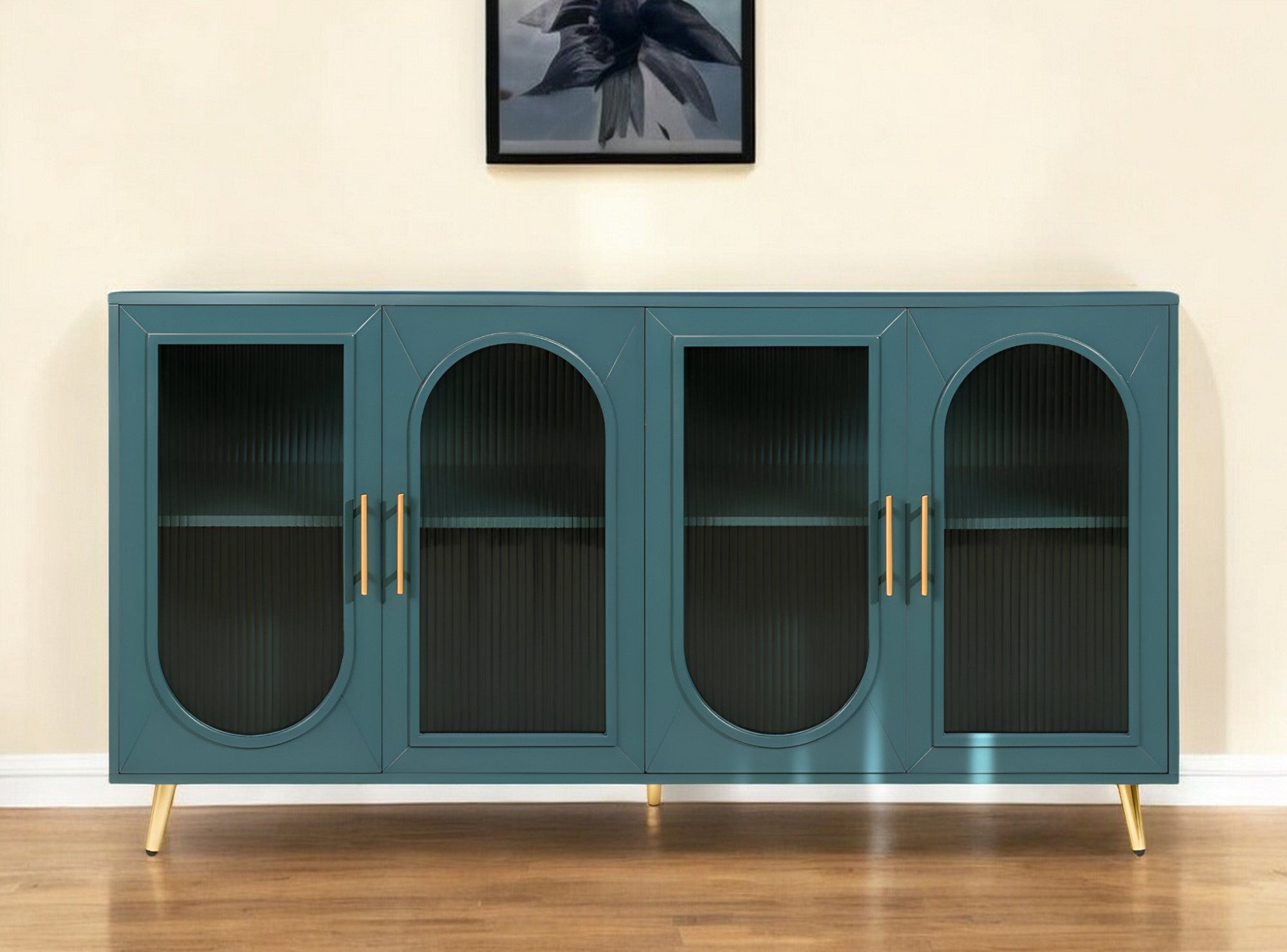 60" Teal Blue Ribbed Texture Sideboard with Four Doors-0
