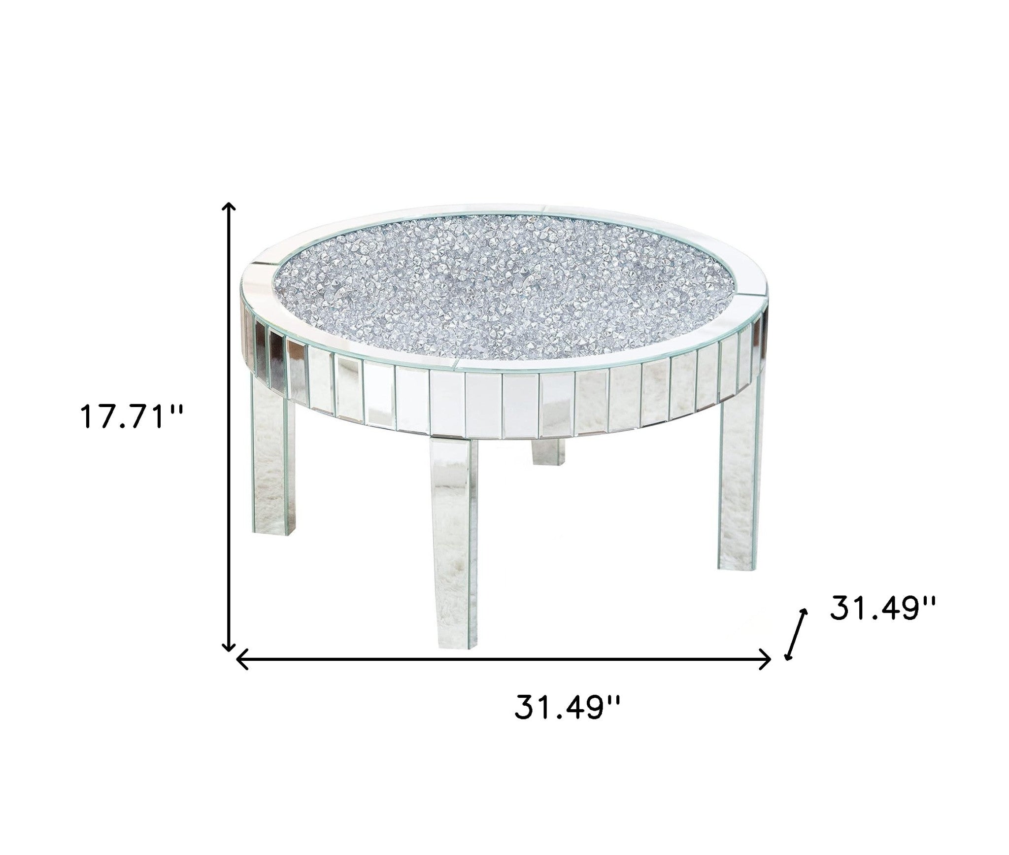 31" Silver Mirrored Glass and Faux Crystal Round Coffee Table-6