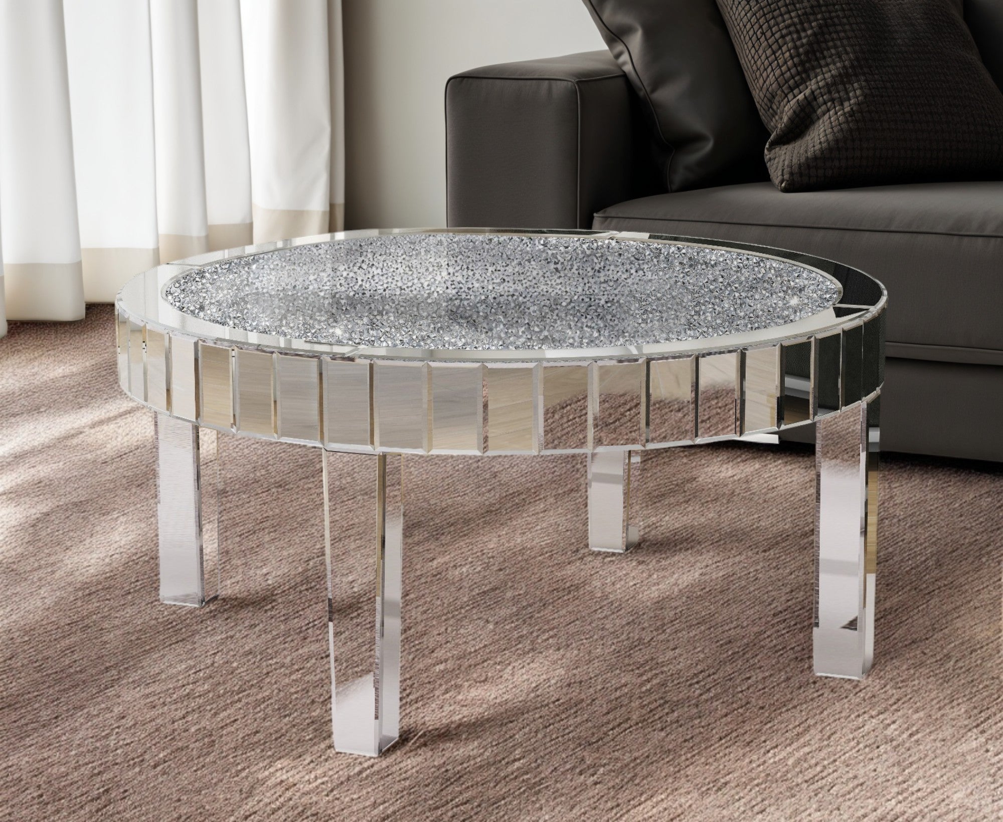 31" Silver Mirrored Glass and Faux Crystal Round Coffee Table-0