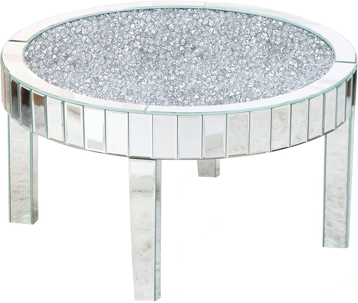 31" Silver Mirrored Glass and Faux Crystal Round Coffee Table-1