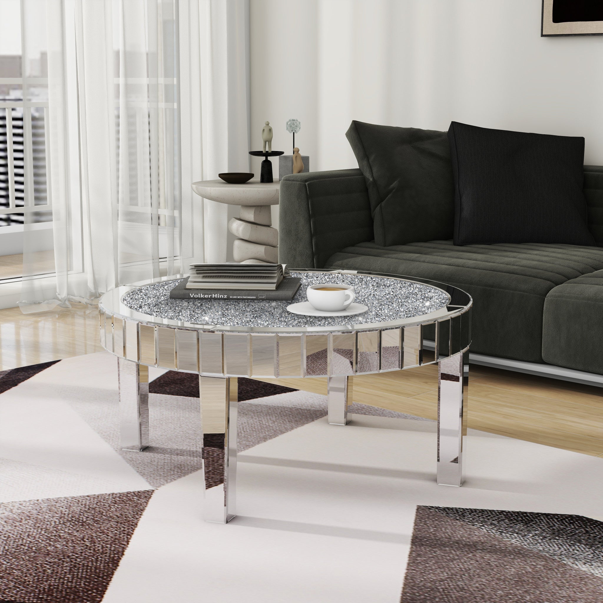 31" Silver Mirrored Glass and Faux Crystal Round Coffee Table-5