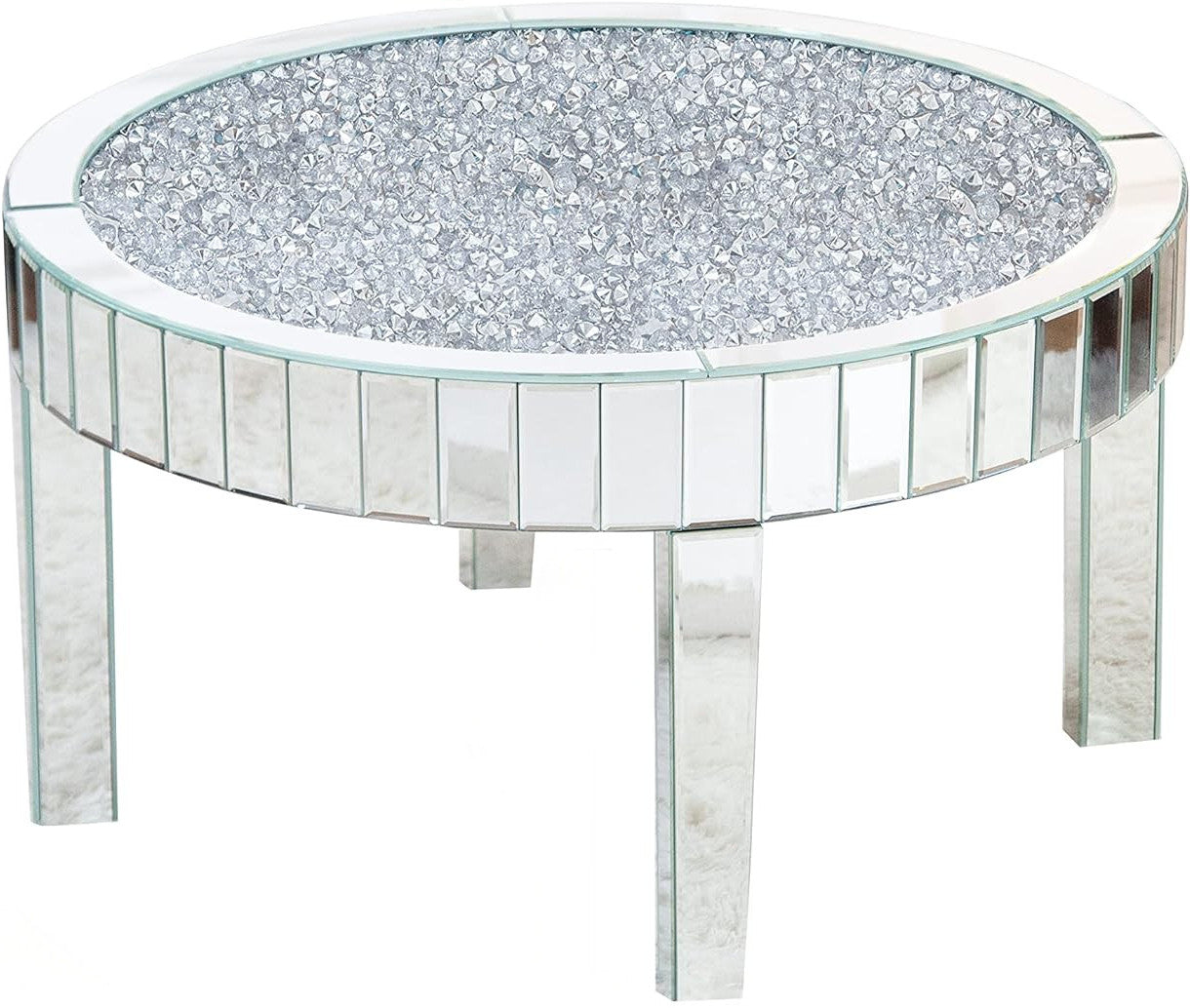 31" Silver Mirrored Glass and Faux Crystal Round Coffee Table-2