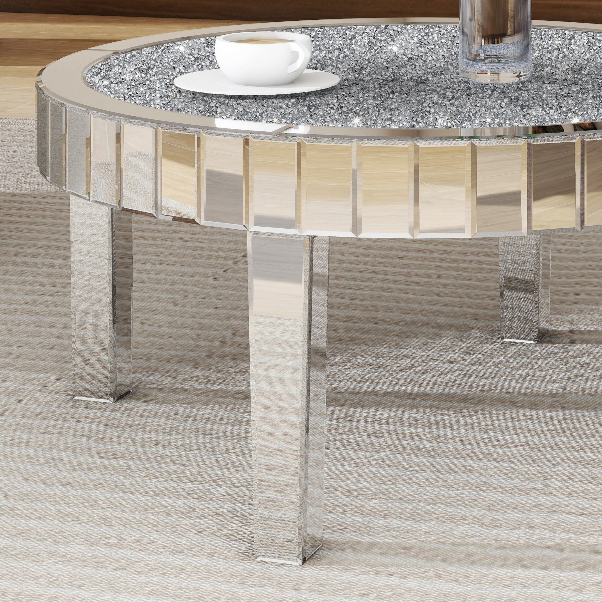 31" Silver Mirrored Glass and Faux Crystal Round Coffee Table-3