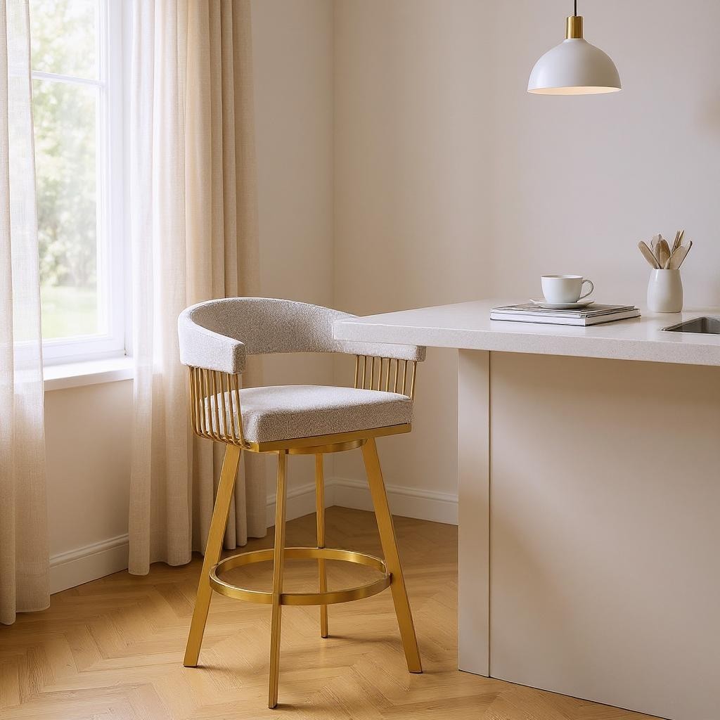 26" Taupe and Gold Fabric and Stainless Steel Low Back Counter Height Swivel Bar Chair-0