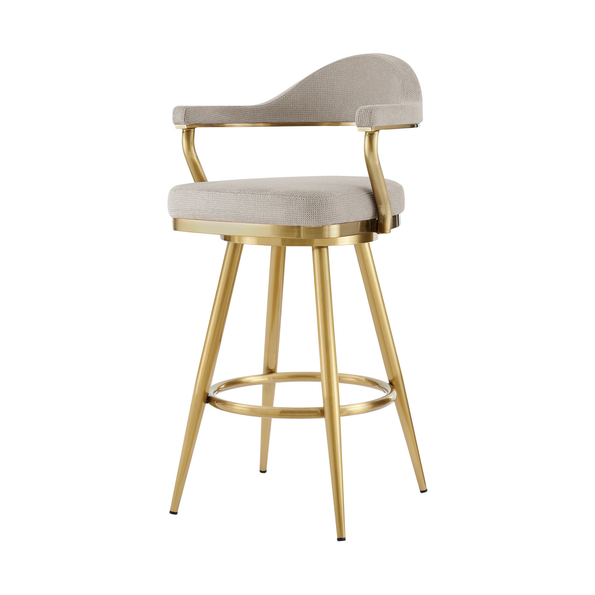 30" Taupe and Gold Fabric and Stainless Steel Bar Height Swivel Bar Chair-4