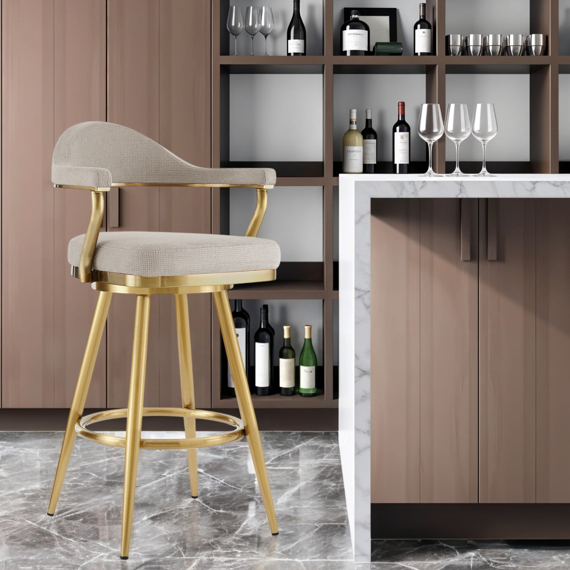 30" Taupe and Gold Fabric and Stainless Steel Bar Height Swivel Bar Chair-0