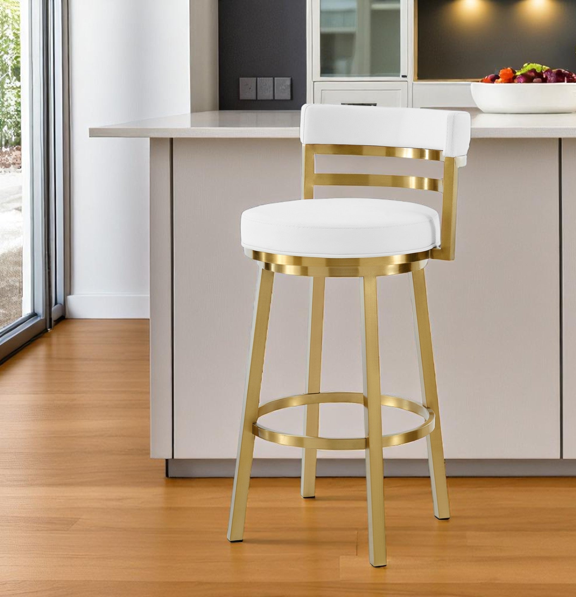 30" White and Gold Faux Leather and Stainless Steel Low Back Bar Height Swivel Bar Chair-0