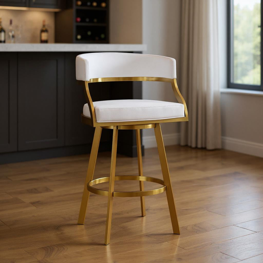 30" White and Gold Faux Leather and Stainless Steel Low Back Bar Height Swivel Bar Chair-0