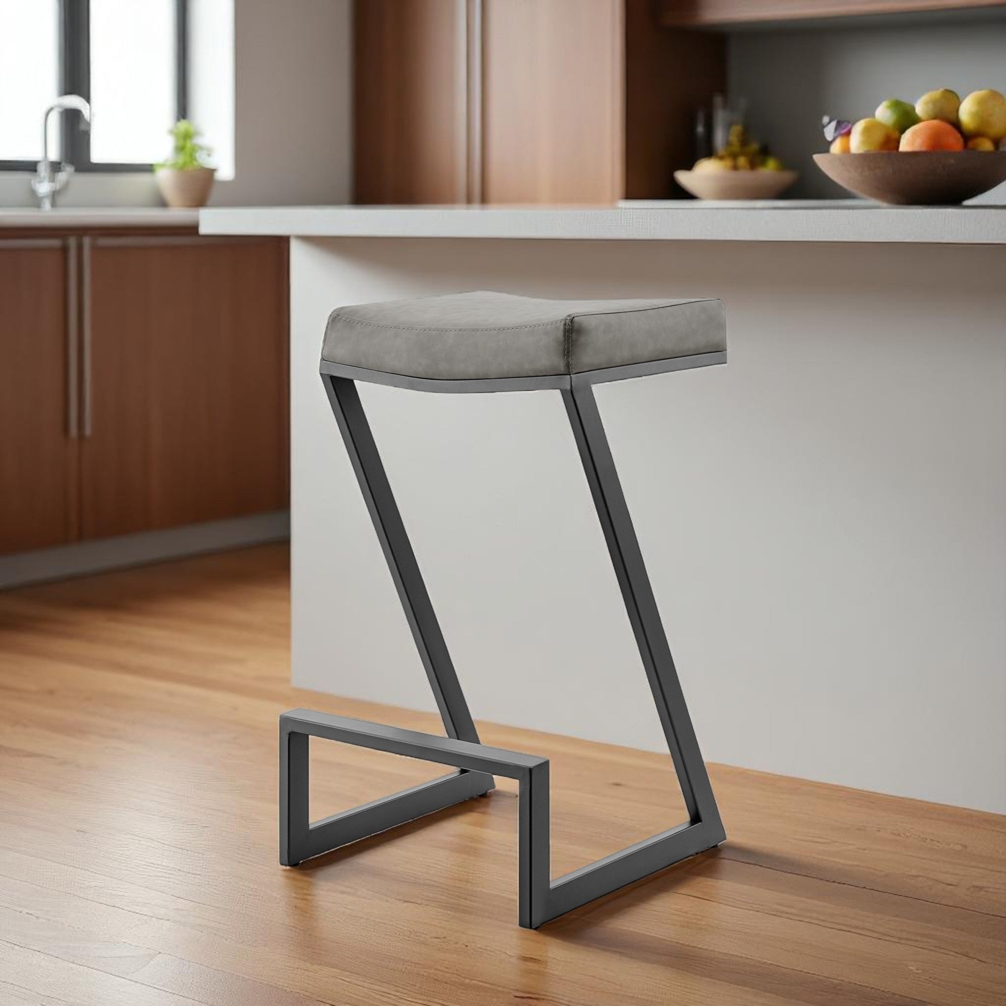 26" Gray and Black Faux Leather and Iron Backless Counter Height Bar Chair-0