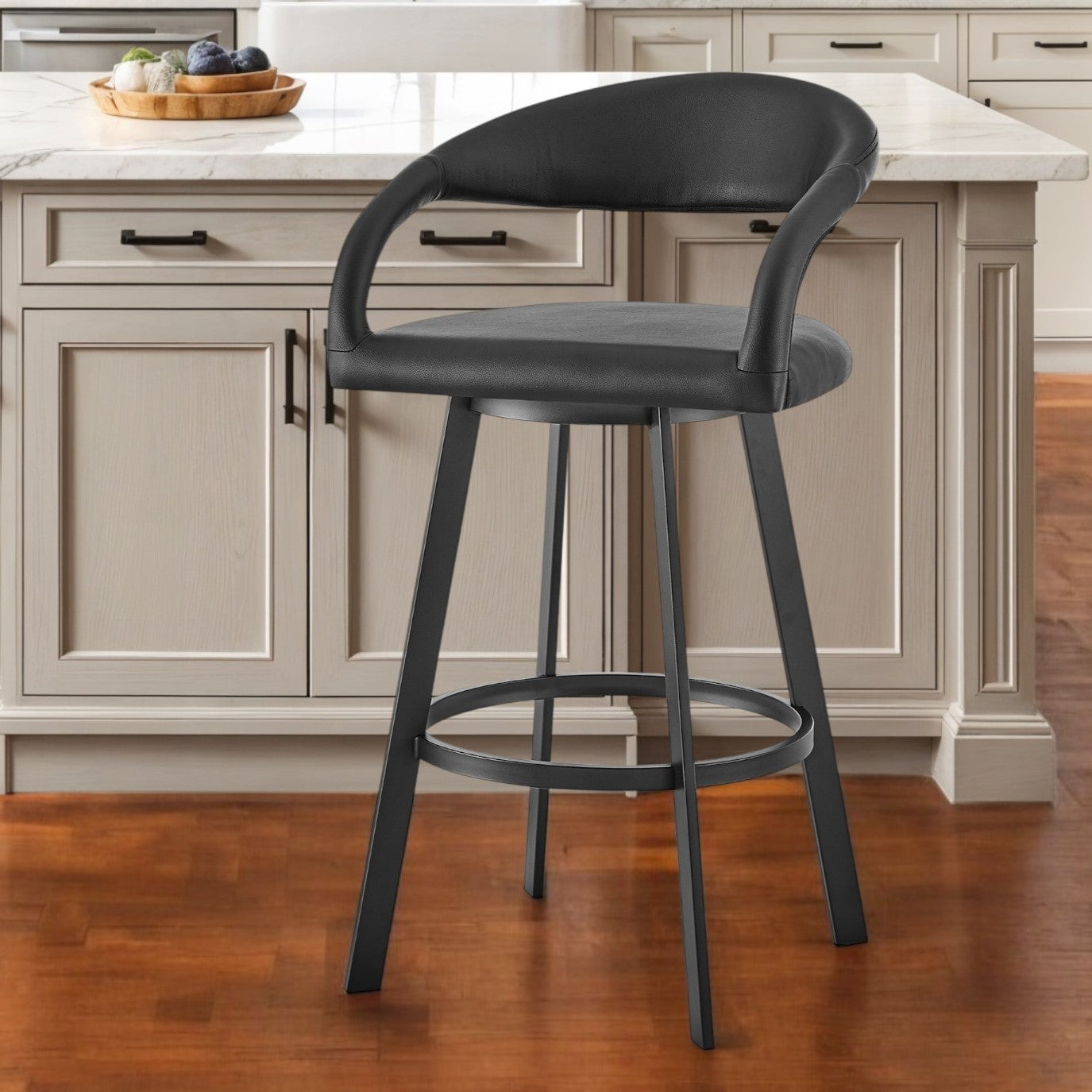 26" Black Faux Leather and Iron Low Back Counter Height Swivel Bar Chair-0