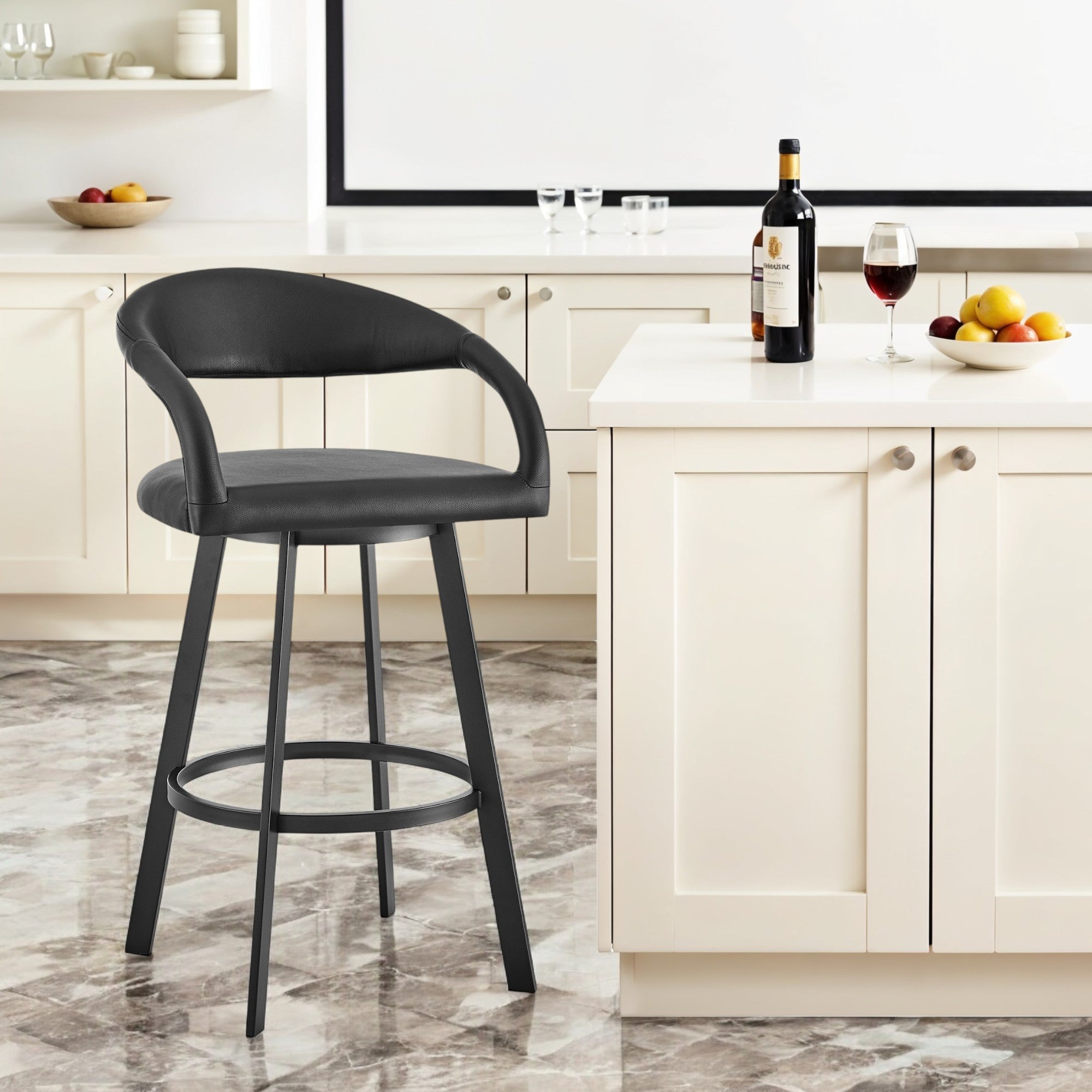 30" Black Faux Leather and Iron Low Back Bar Height Swivel Bar Chair-0