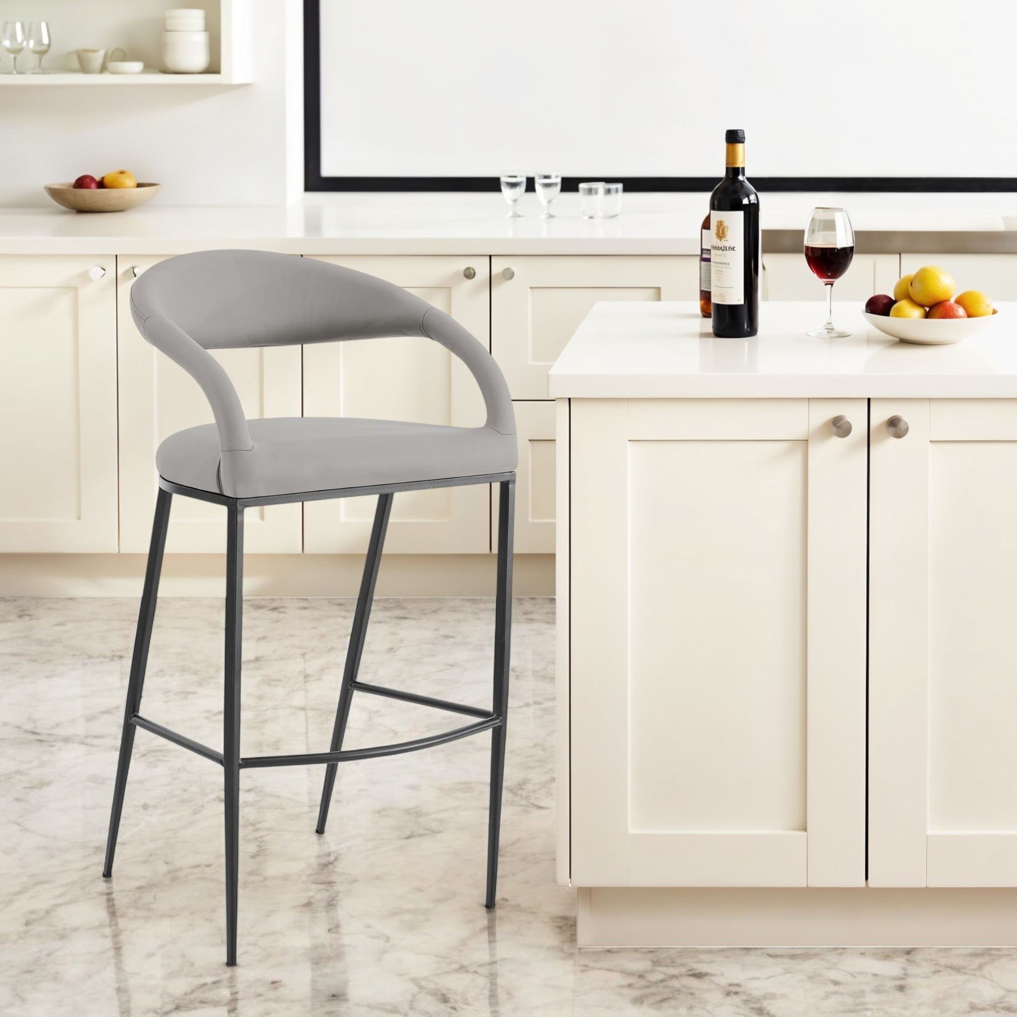 30" Light Gray and Black Faux Leather and Iron Low Back Bar Height Bar Chair-0