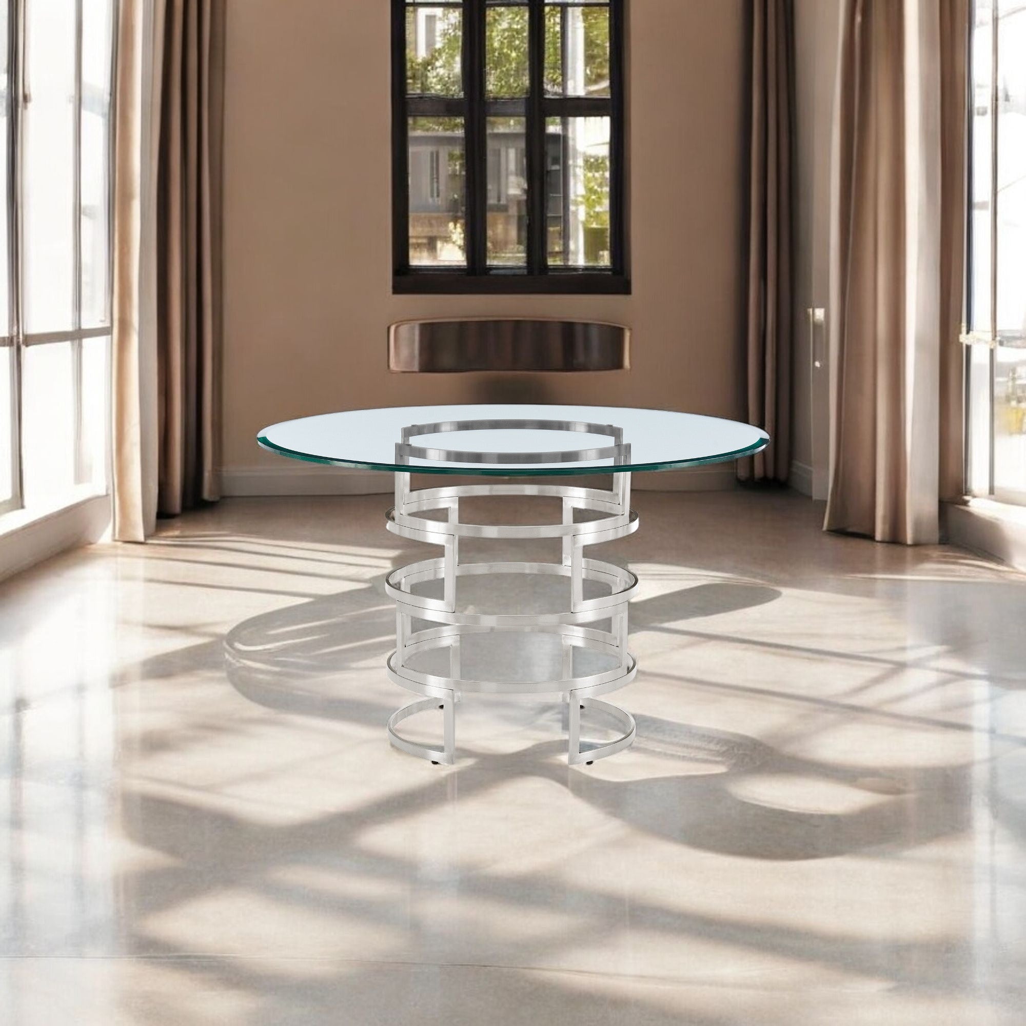 48" Clear And Silver Glass And Stainless Steel Pedestal Base Round Top Dining Table-1