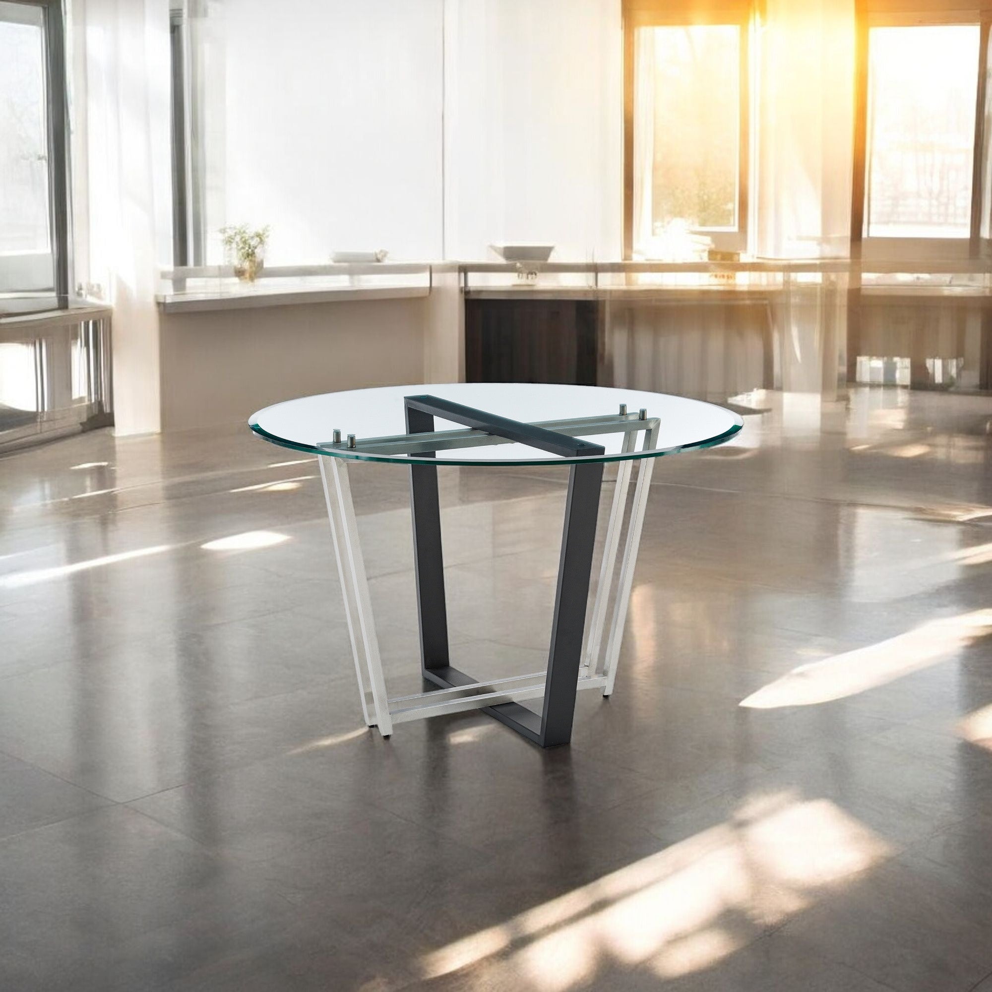 48" Clear And Black Glass And Iron Sled Base Round Top Dining Table-1