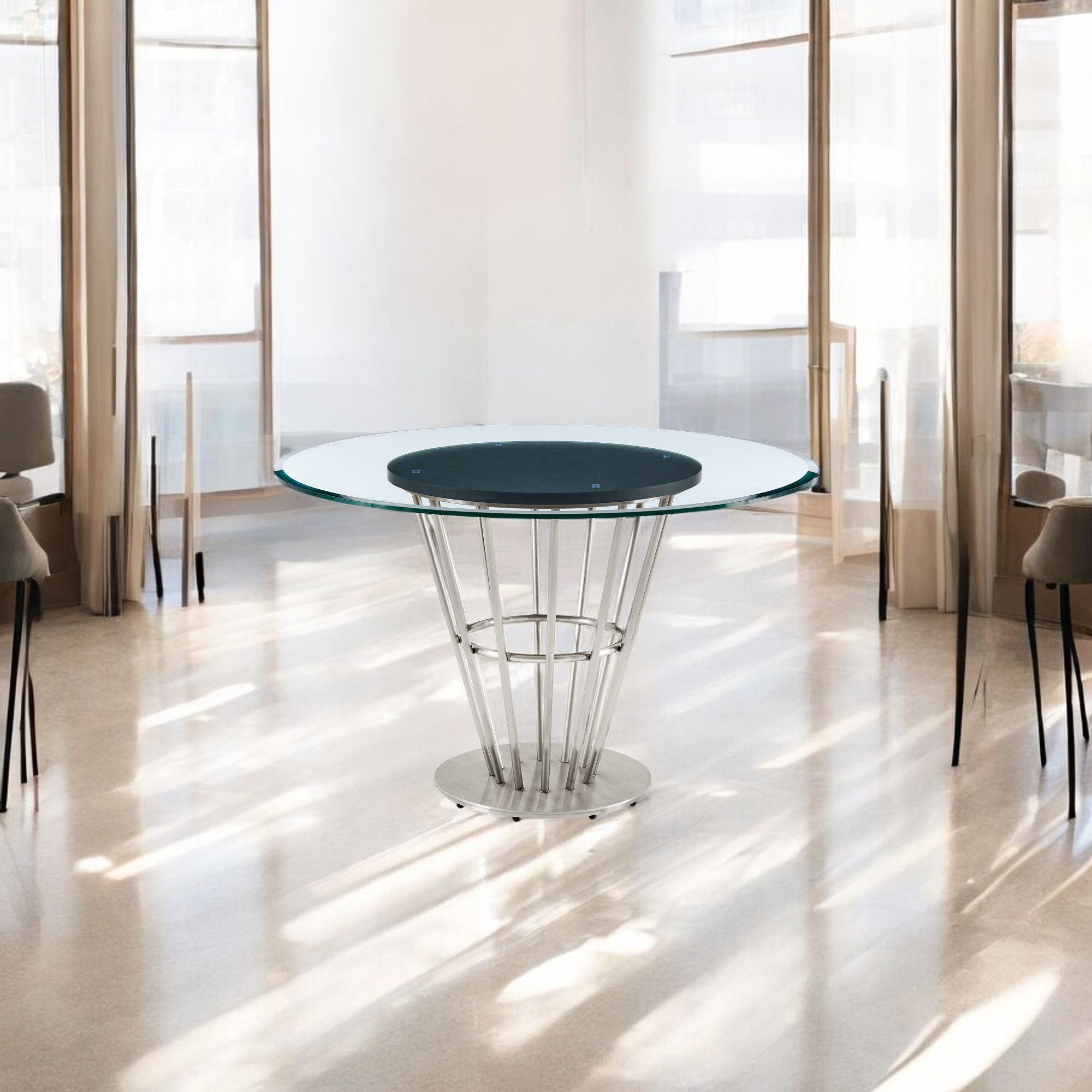 48" Clear And Silver Glass And Stainless Steel Pedestal Base Round Top Dining Table-1