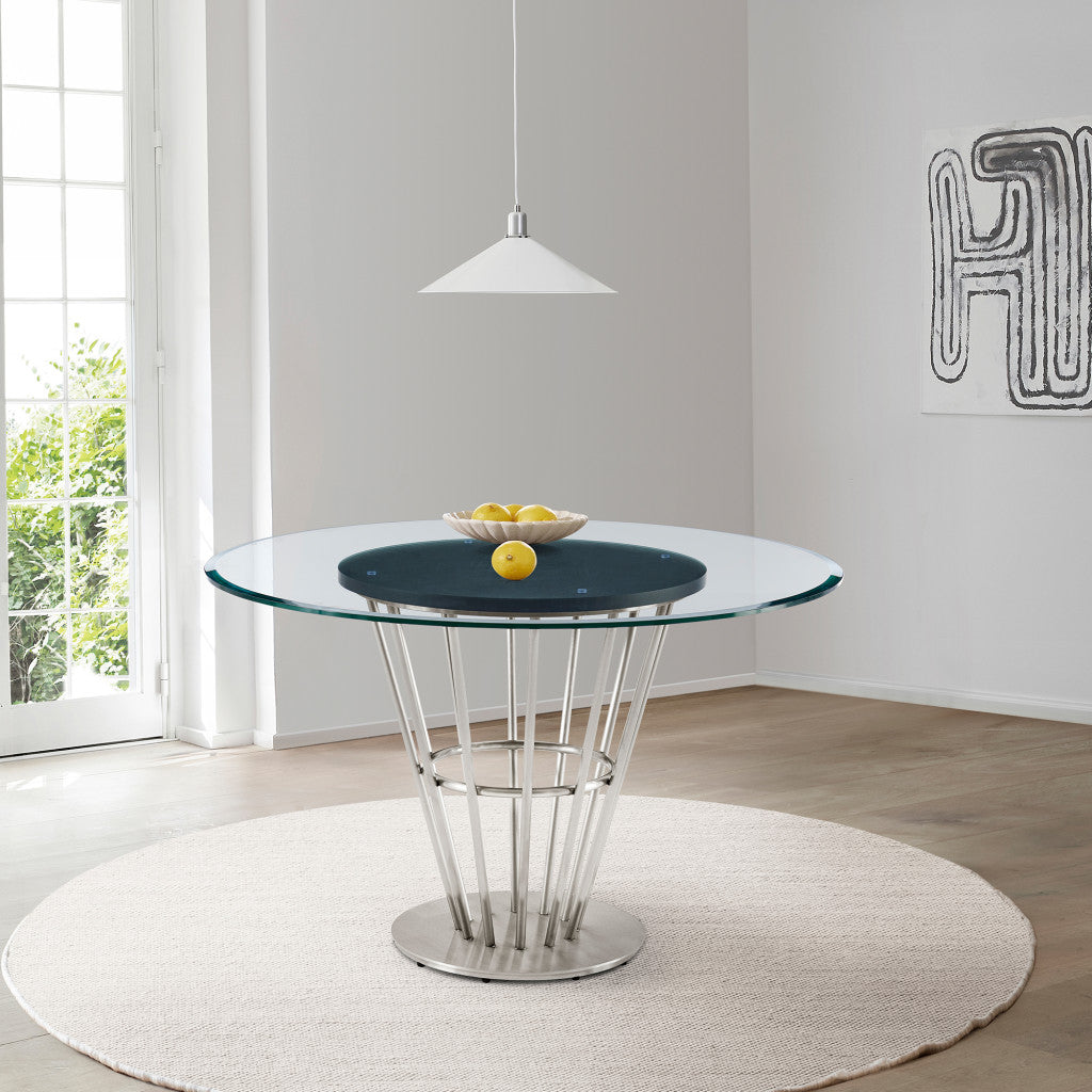 48" Clear And Silver Glass And Stainless Steel Pedestal Base Round Top Dining Table-8